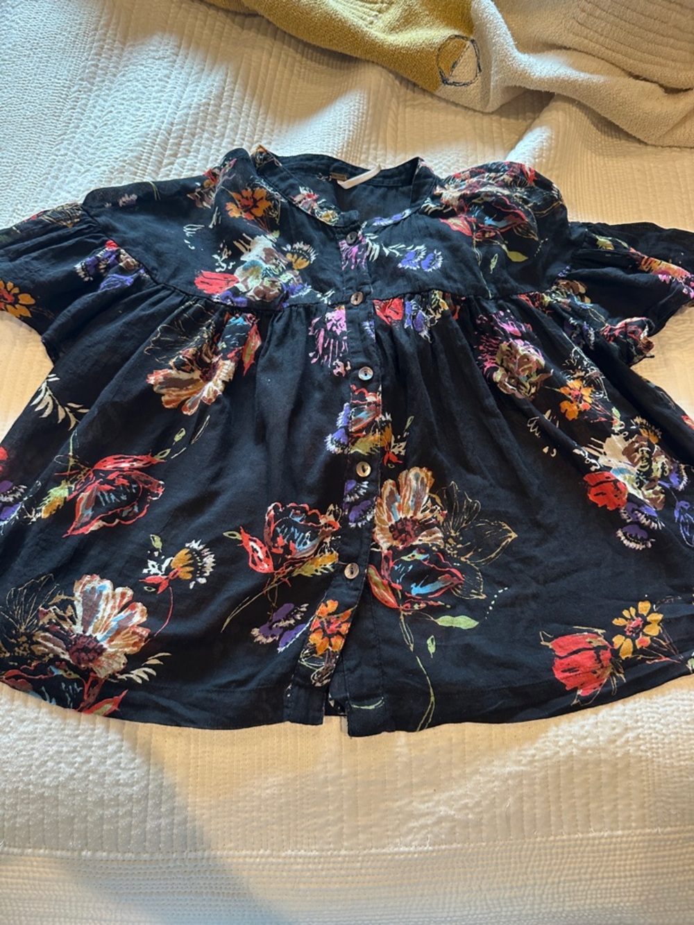 Free People Black Sheer Floral Button-Up Blouse